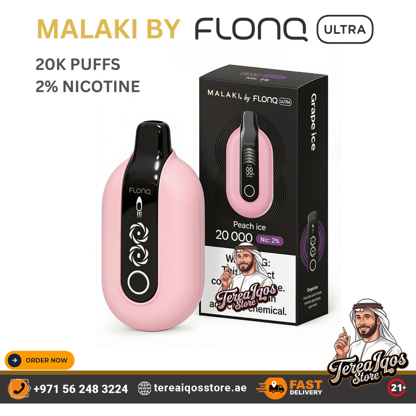 Pink vape device with black accents and packaging on a white background, featuring branding and product details.