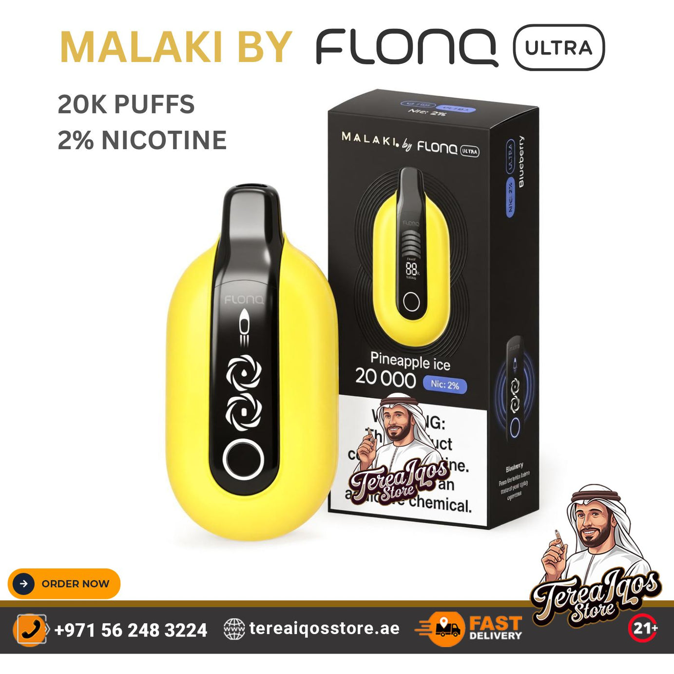 Yellow vape device with packaging and branding on a white background