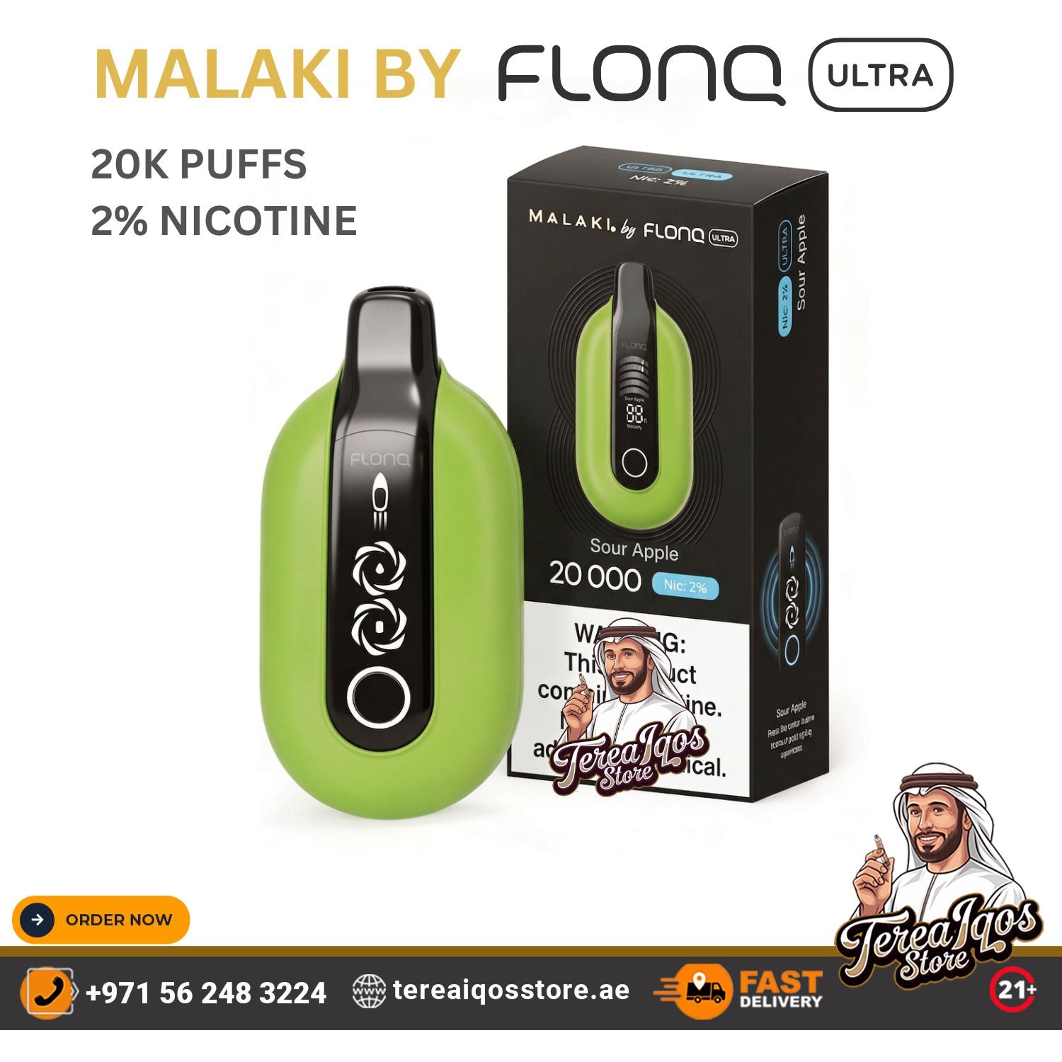 Green vape device with packaging and branding details on a white background
