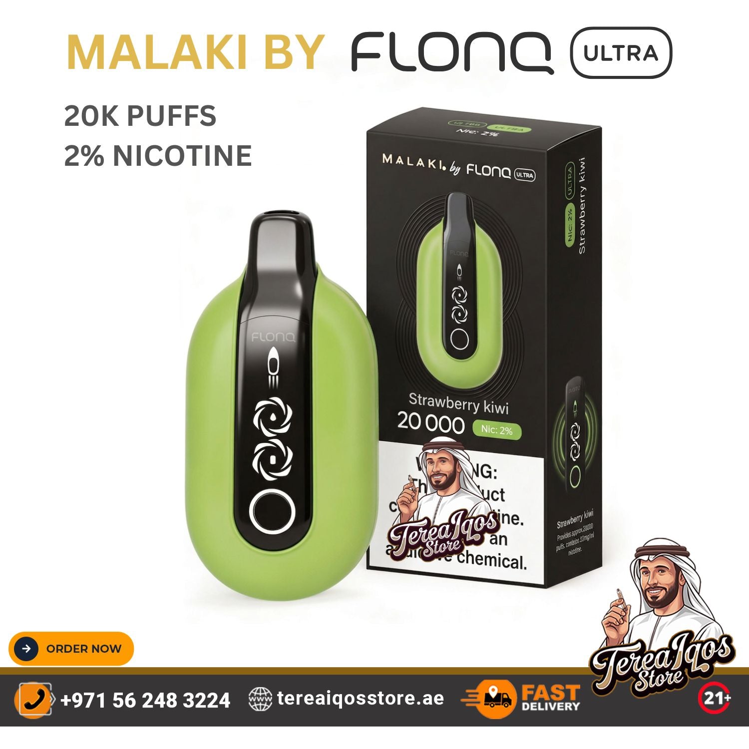 Green vape device with packaging and branding details on a white background