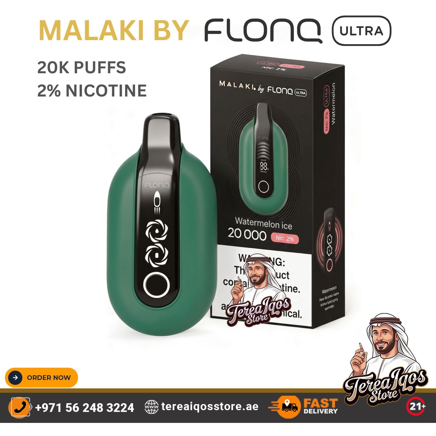 Green vape device with packaging and branding details on a white background