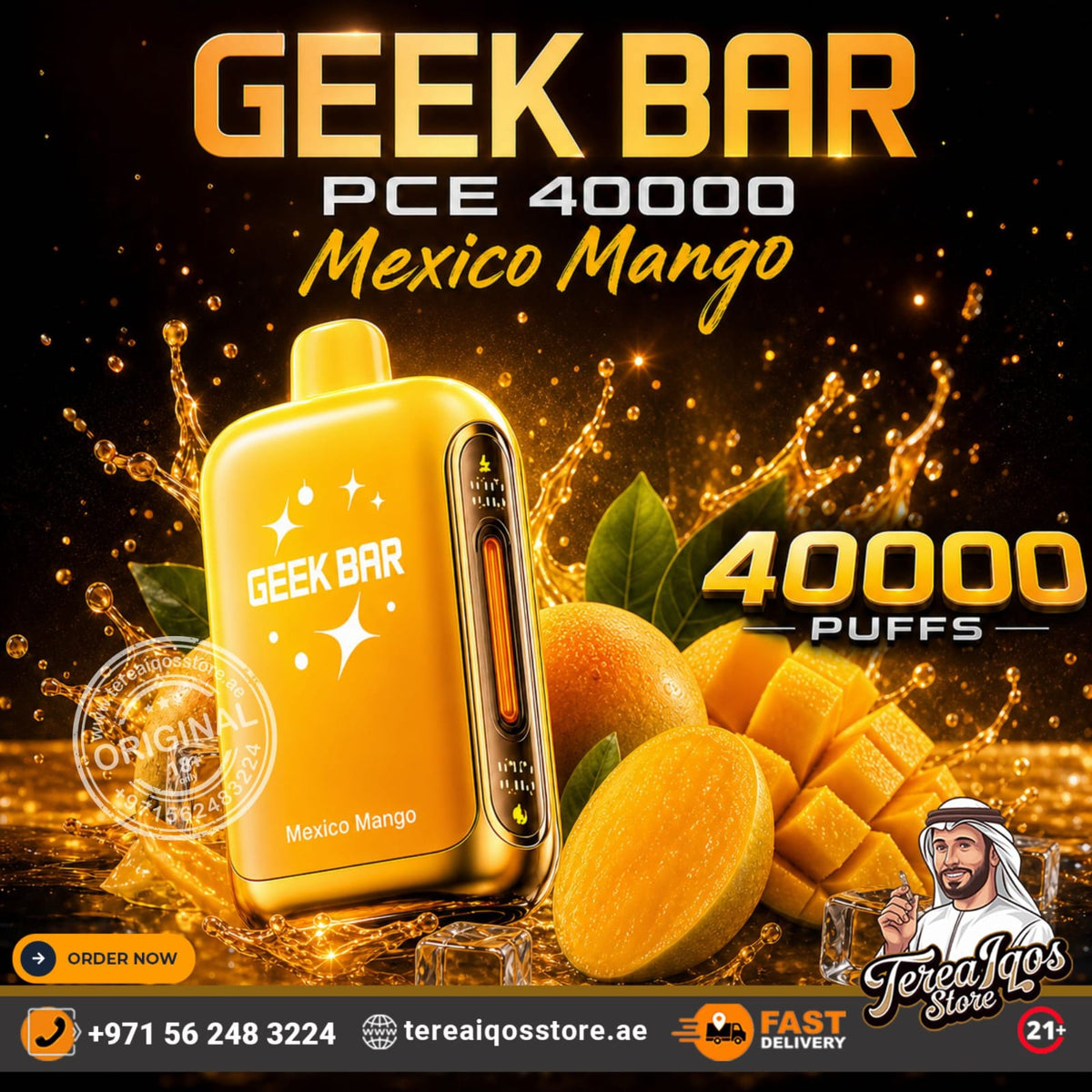 Geek Bar PCE 40000 disposable vape device in Mexico Mango flavor, shown in a golden yellow color with a side temperature display. The background is a dynamic black and gold splash design with mango slices, leaves, and text overlays indicating '40000 Puffs' and 'Mexico Mango'.