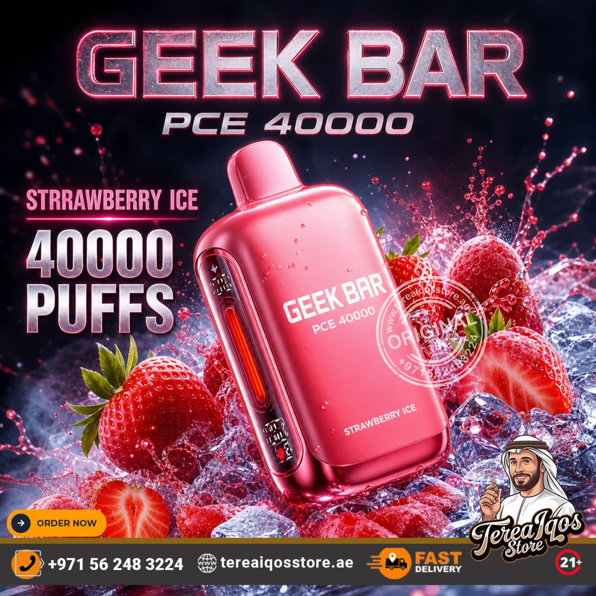 Geek Bar PCE 40000 disposable vape device in Strawberry Ice flavor, shown in a vibrant pink metallic finish surrounded by fresh strawberries and water splashes. The image features heavy promotional text overlays, including 'GEEK BAR PCE 40000', 'STRRAWBERRY ICE', and '40000 PUFFS', along with a store logo and contact information at the bottom.