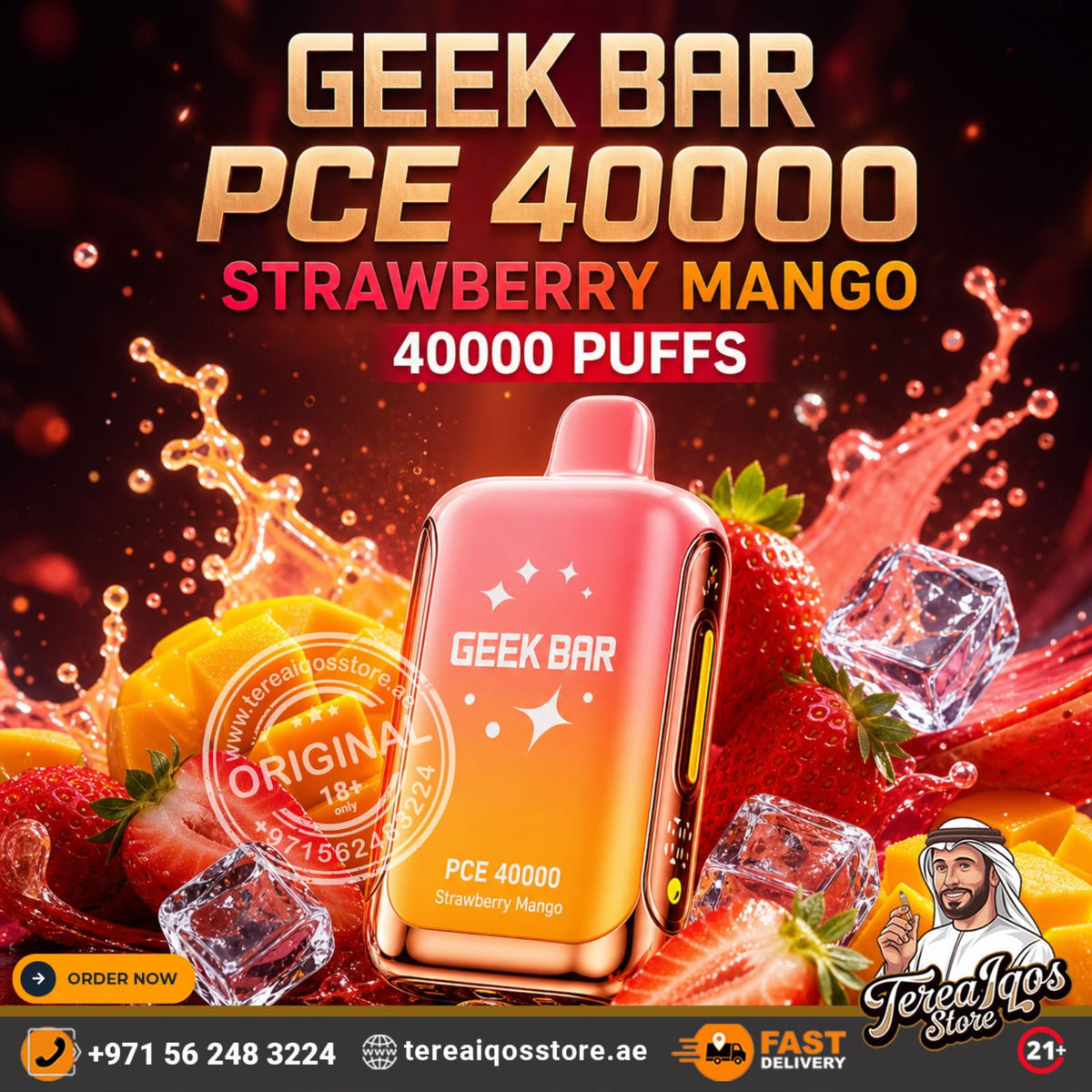 Geek Bar PCE 40000 Strawberry Mango disposable vape device shown in a promotional graphic with strawberries, mango slices, ice cubes, and bold text advertising 40000 puffs.