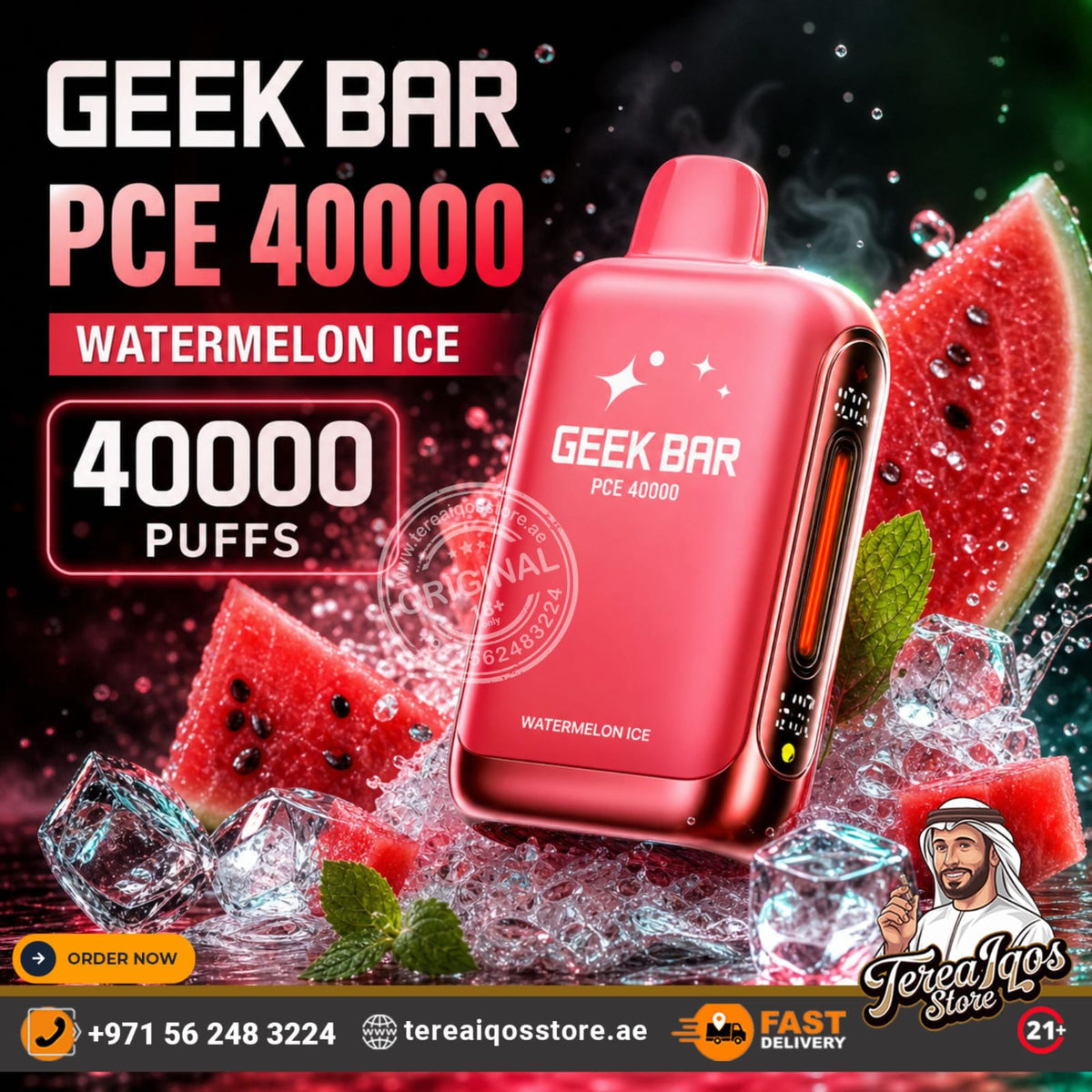 A pink Geek Bar PCE 40000 disposable vape device with 'Watermelon Ice' flavor, displayed amidst watermelon slices, mint leaves, and ice cubes. The background is dark with promotional text overlays for Geek Bar and Tereya's Store.