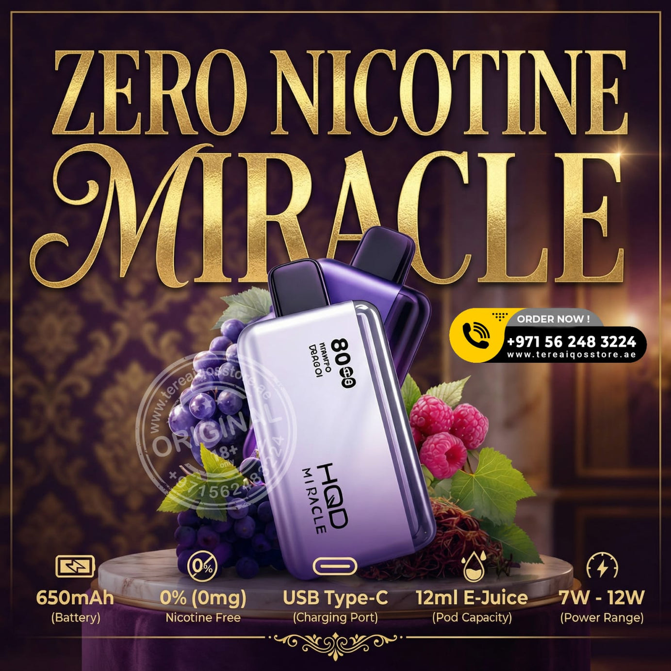 Advertisement for a zero nicotine e-liquid device with grapes and raspberries on a dark background.