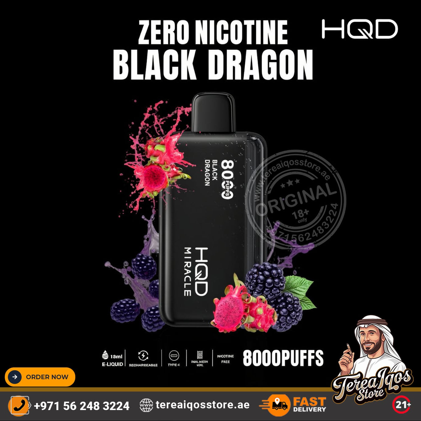 HQD Black Dragon vape device with fruit graphics and branding on a black background