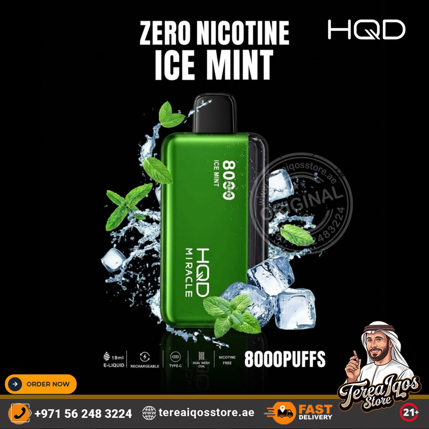 Green HQD vape device with ice and mint leaves on a black background, featuring 'Zero Nicotine Ice Mint' flavor.