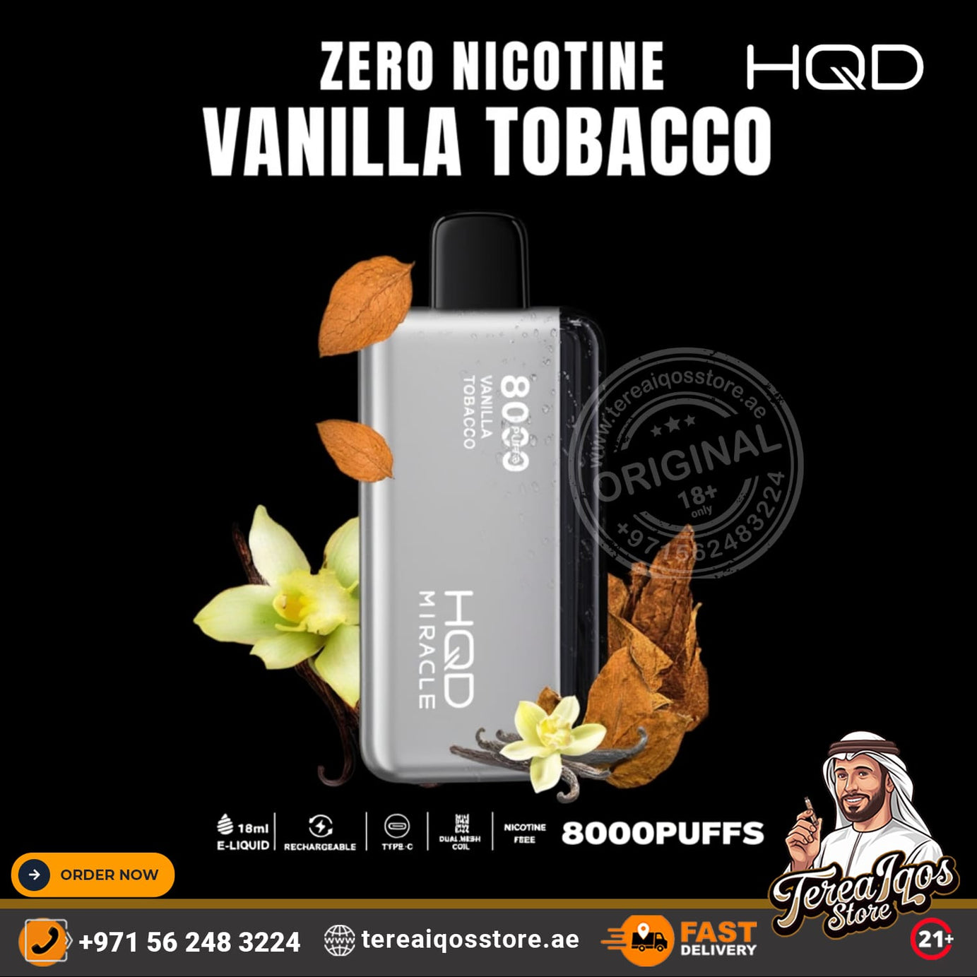 HQD vape device with vanilla tobacco flavor on a black background