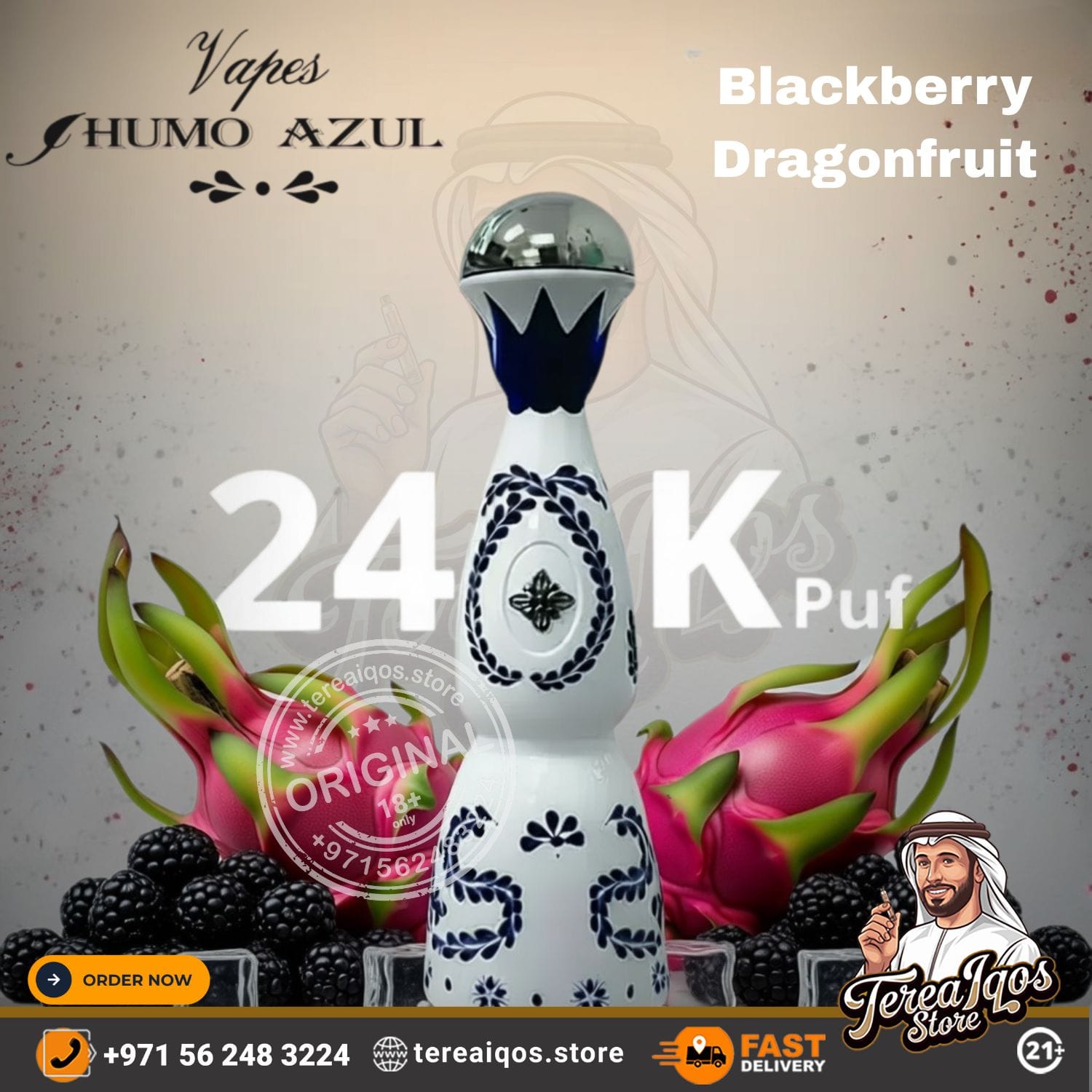 HUMO AZUL 24000 Puff Rechargeable Disposable Vape device with blackberry and dragonfruit graphics on a light background