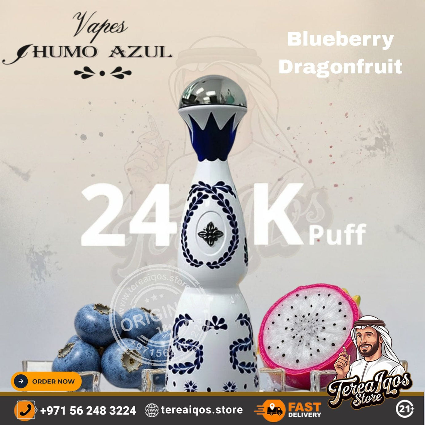 HUMO AZUL 24000 Puff Rechargeable Disposable Vape device with blue and white design, surrounded by blueberries and dragonfruit, on a light background.