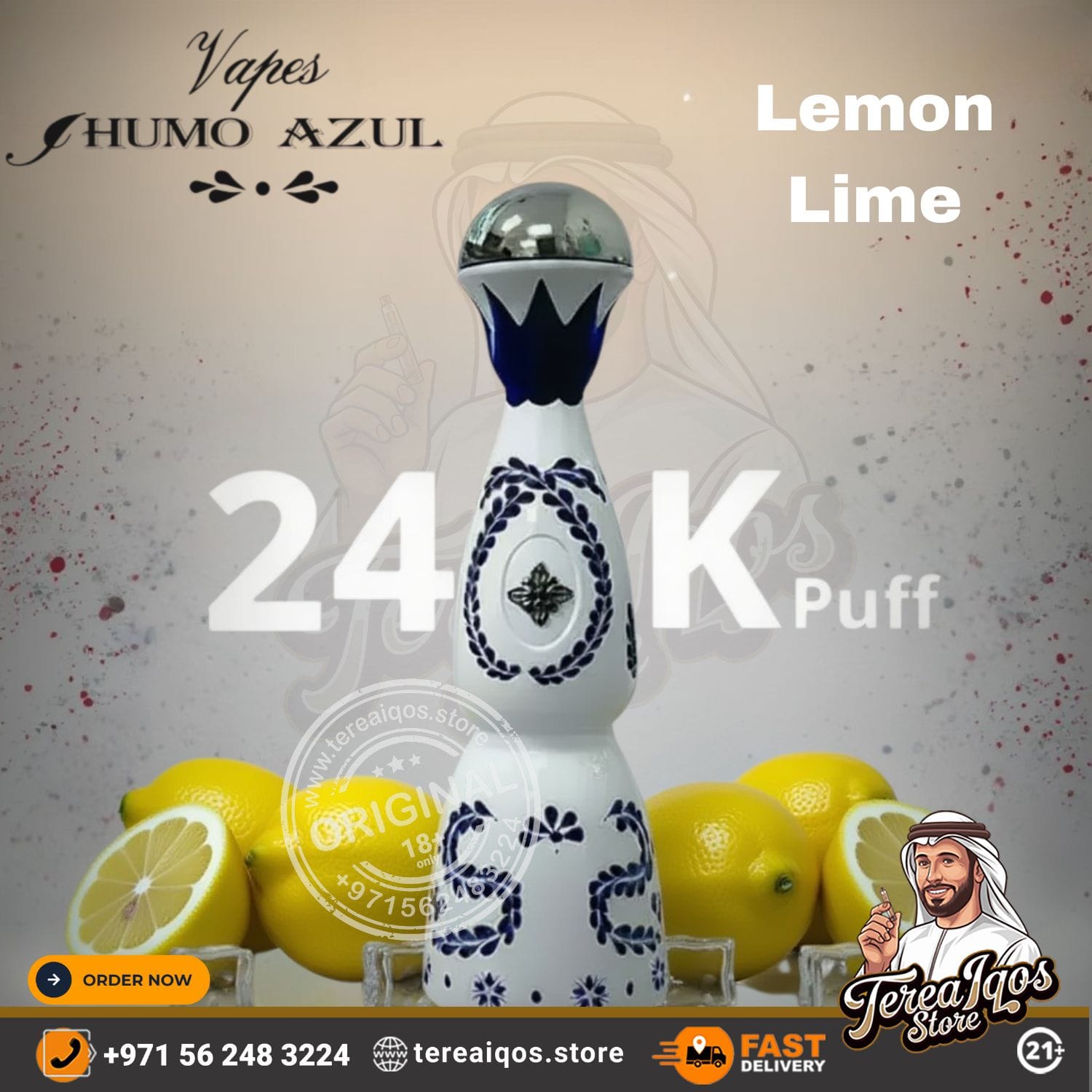 HUMO AZUL 24000 Puff Rechargeable Disposable Vape device with decorative patterns and lemons on a light background, featuring branding and contact information.