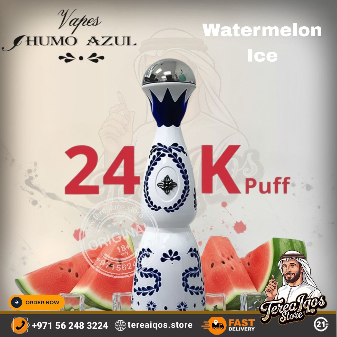 HUMO AZUL 24000 Puff Rechargeable Disposable Vape device with '24K Puff' branding and watermelon ice flavor text on a decorative background.