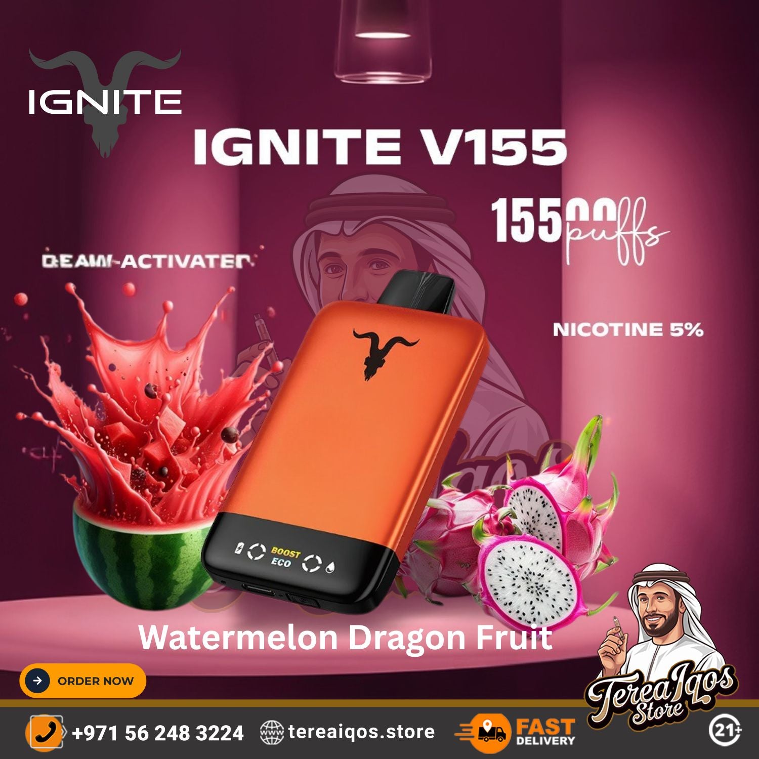 IGNITE V155 (15,500 Puffs) Disposable Vape Watermelon Dragon Fruit Flavor