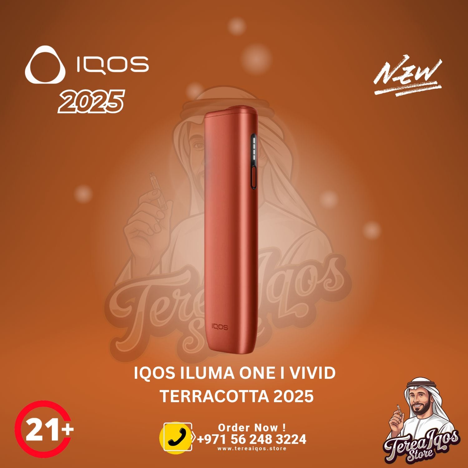 IQOS Iluma One Vivid Terracotta 2025 device with contact information.