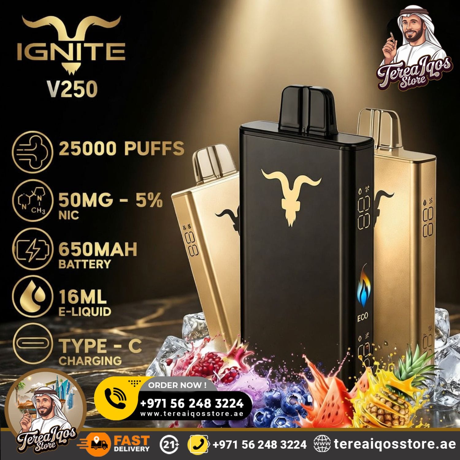 Vaping device with branding and product details on a dark background