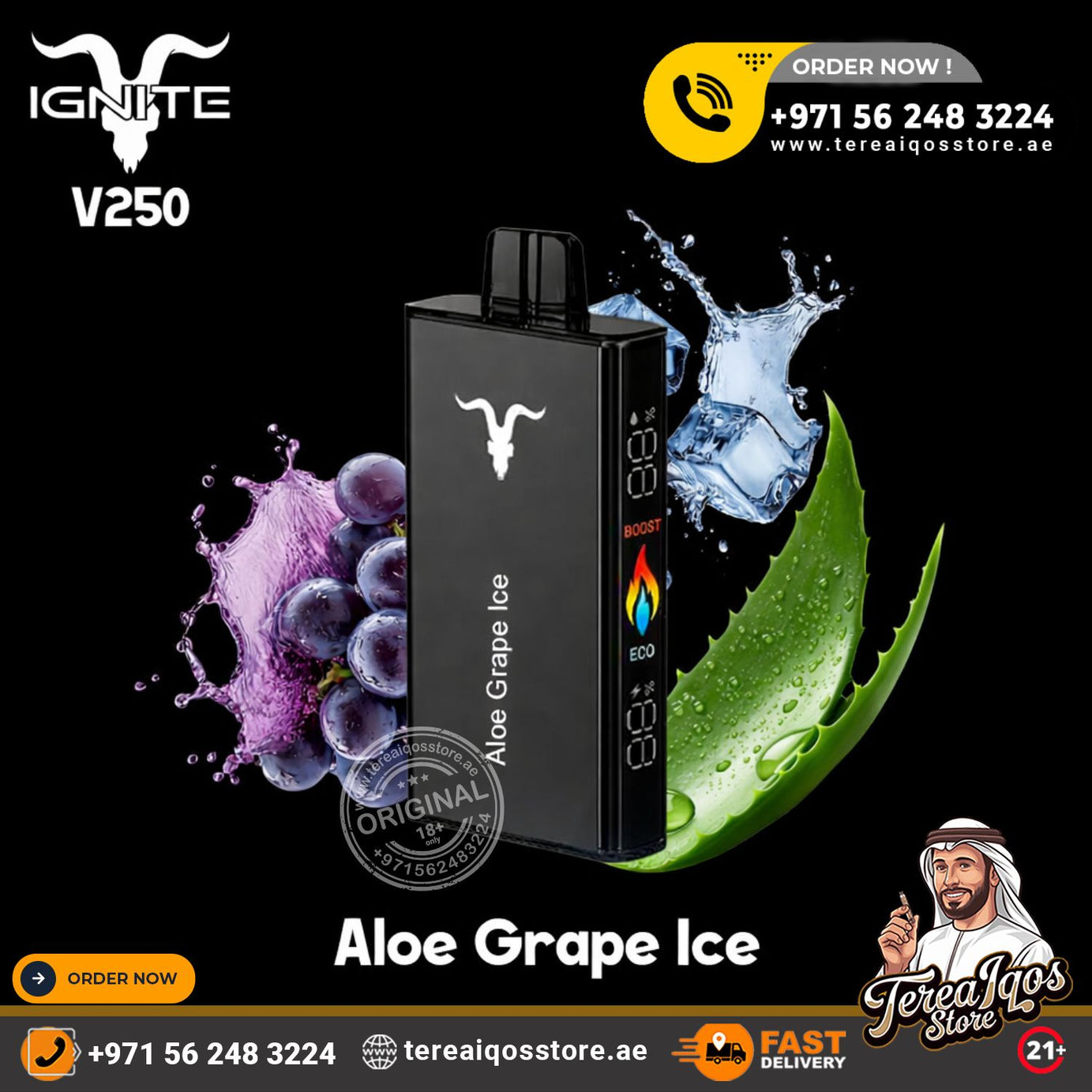 Vape device with aloe vera and grape elements on a black background, featuring branding and contact information.
