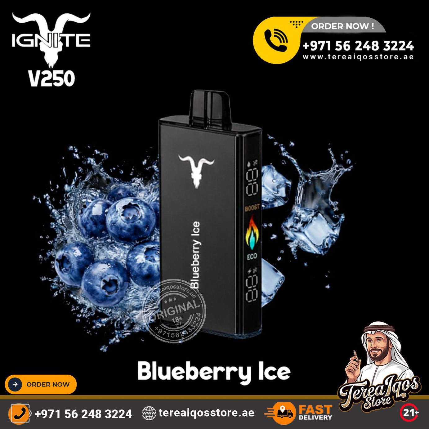 Black vape device with blueberries and water splashes on a black background, featuring branding and contact information.