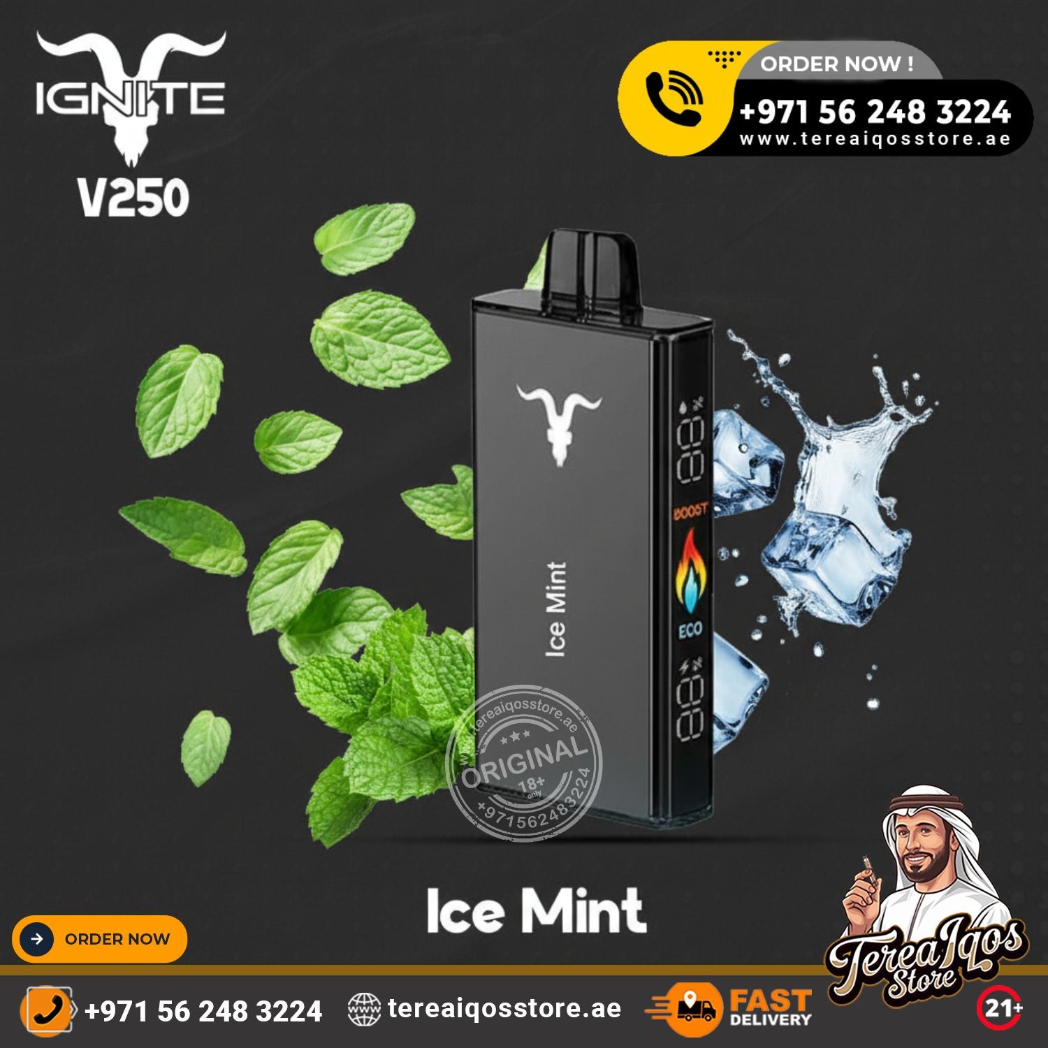 V250 vape device with ice mint flavor on a dark background, featuring Ignite branding and contact information.
