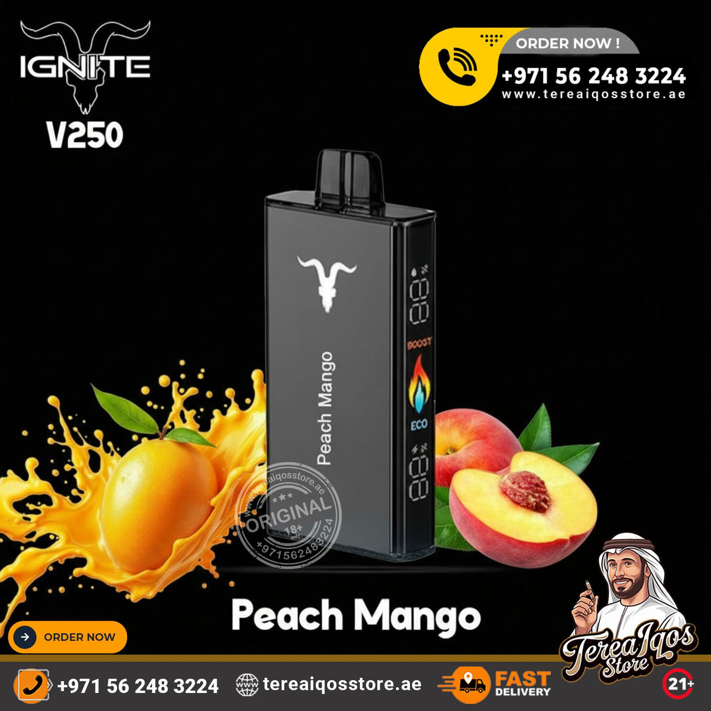 Vape device with peach mango flavor on a black background, featuring branding and contact information.