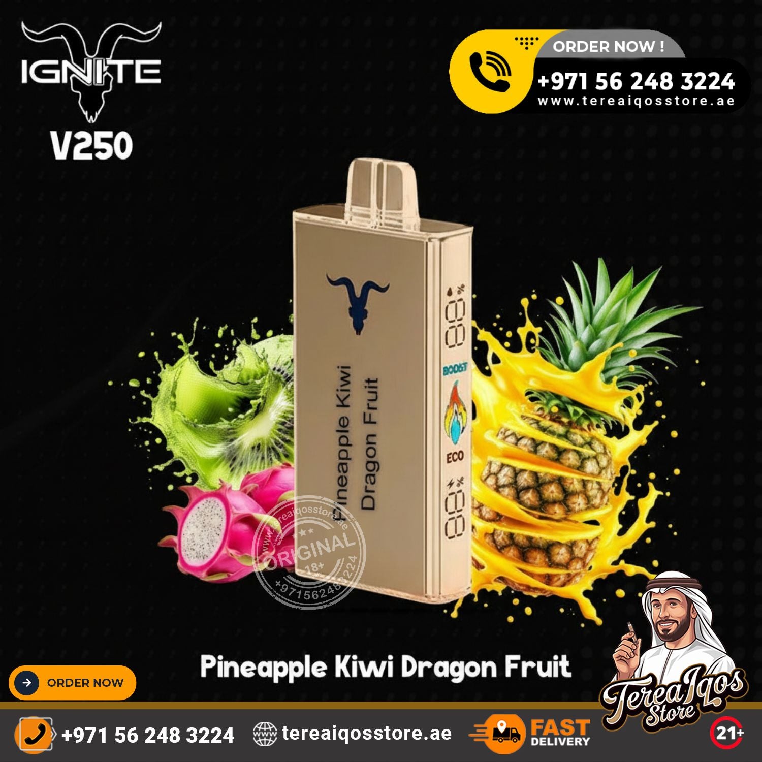 Vape device with pineapple, kiwi, and dragon fruit graphics on a black background