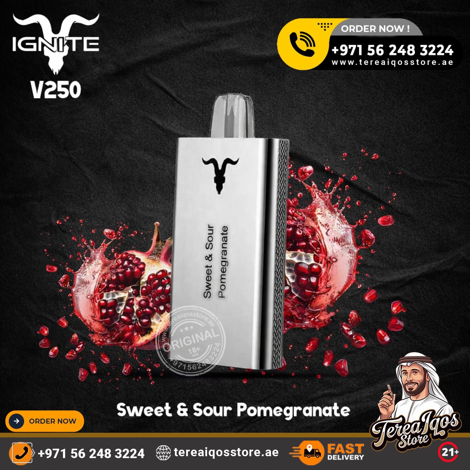 Vape device with pomegranate graphics and branding on a dark background