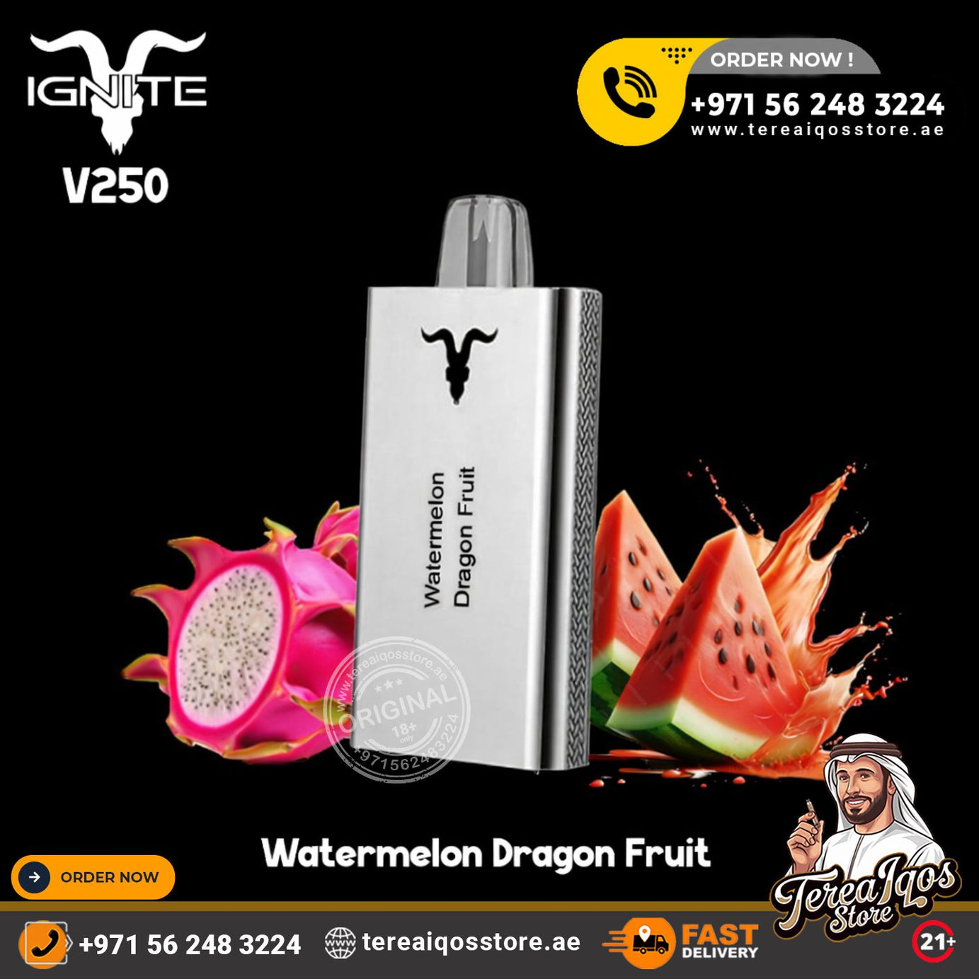 Vape device with watermelon dragon fruit flavor on a black background, featuring branding and contact information.