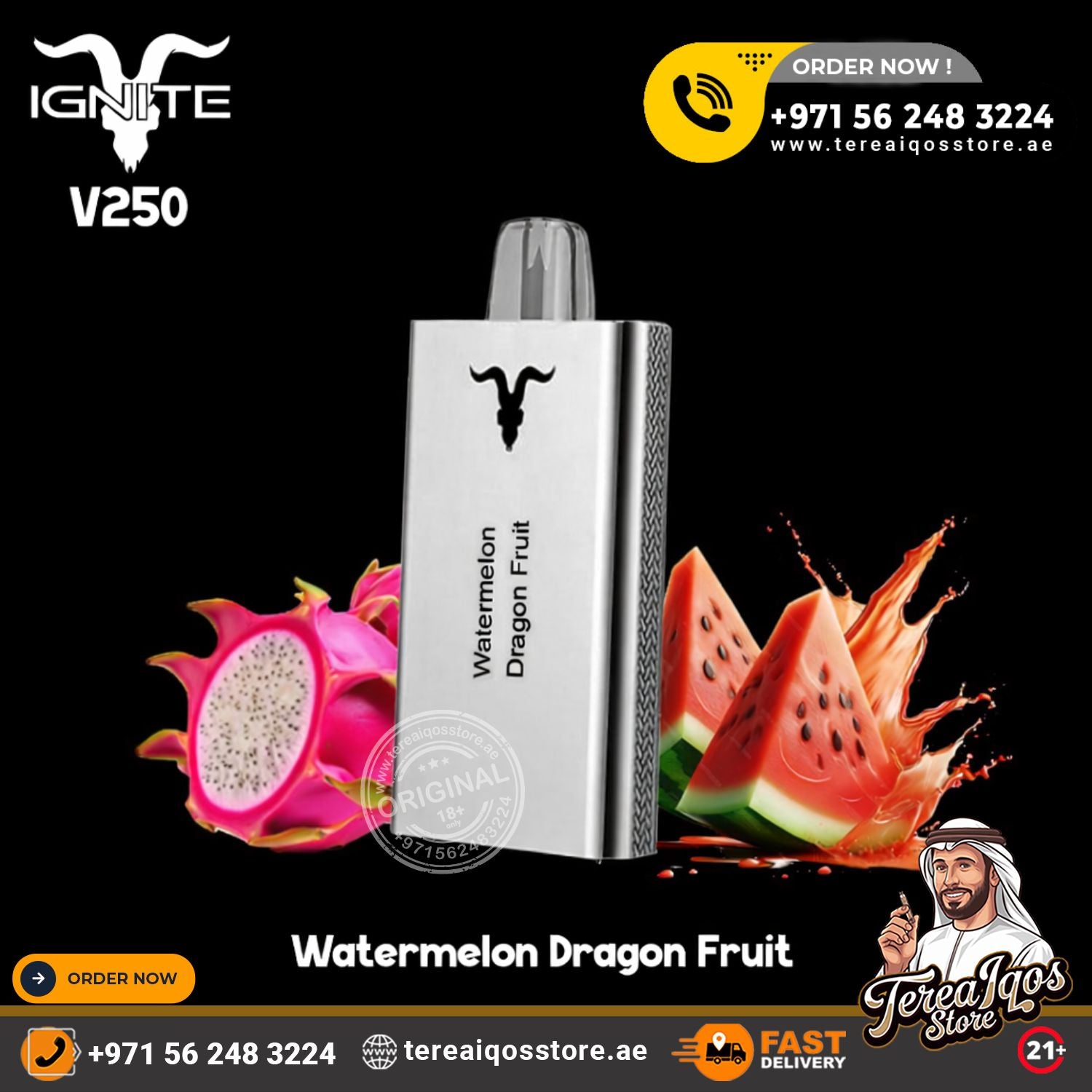 Vape device with watermelon dragon fruit flavor on a black background, featuring branding and contact information.