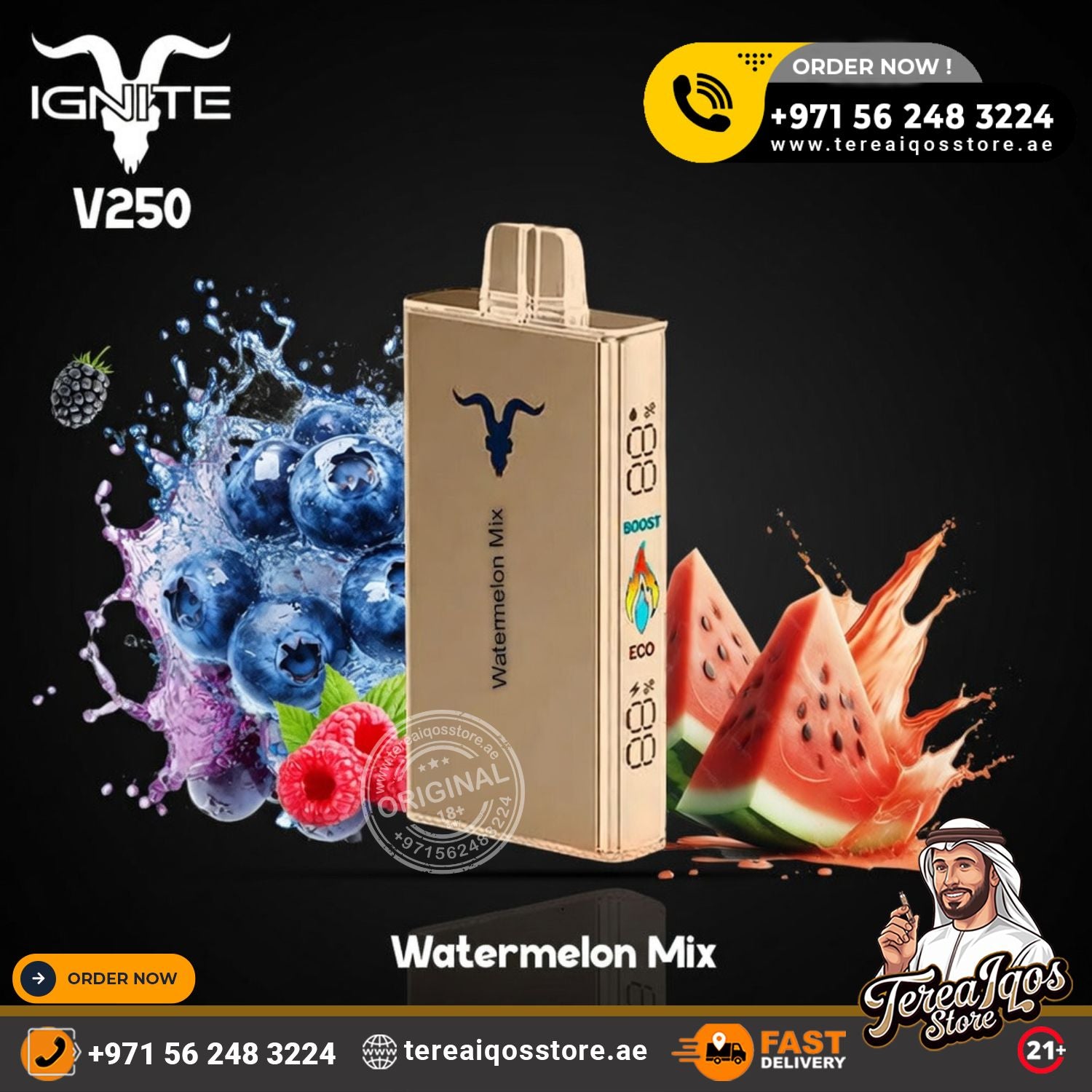 Vape device with watermelon and blueberry graphics on a dark background, featuring branding and contact information.