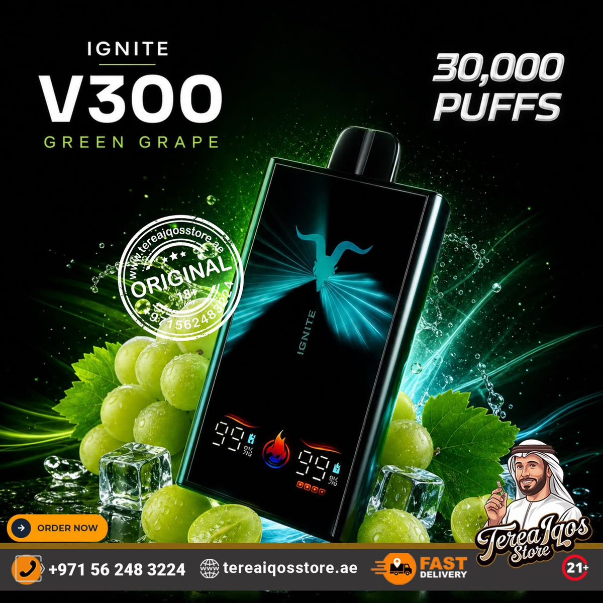 Ignite V300 Green Grape disposable vape device shown in a promotional graphic with green grapes, ice cubes, and glowing blue screen details on a dark background. Large text reads 'IGNITE V300 GREEN GRAPE' and '30,000 PUFFS'.