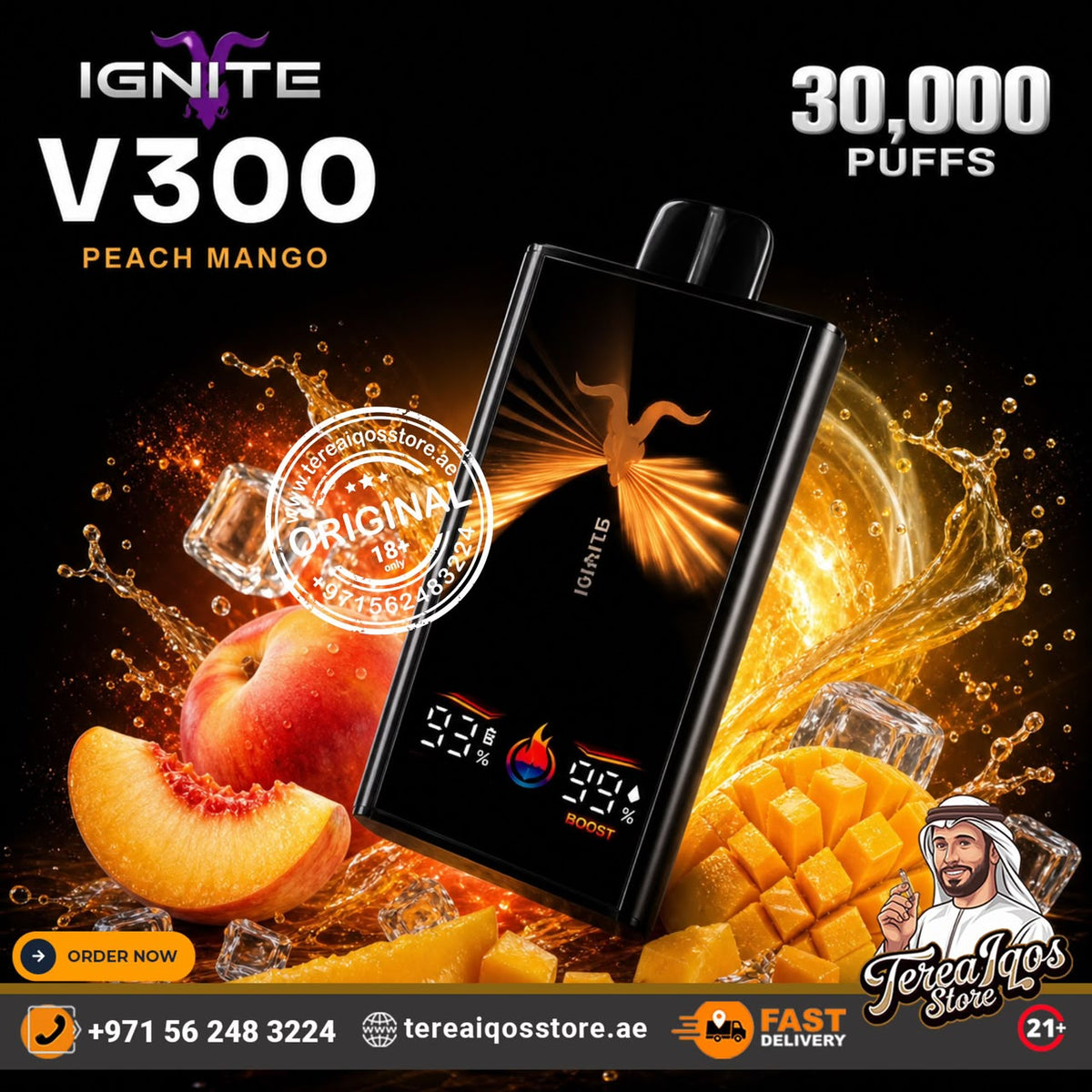 Ignite V300 vape device in peach mango flavor, shown at an angle with a black and gold design. The background is a dynamic graphic featuring peach slices, mango cubes, ice cubes, and golden liquid splashes, with text overlays including '30,000 PUFFS', 'IGNITE V300 PEACH MANGO', and a watermark for 'Tereb's Shop'.