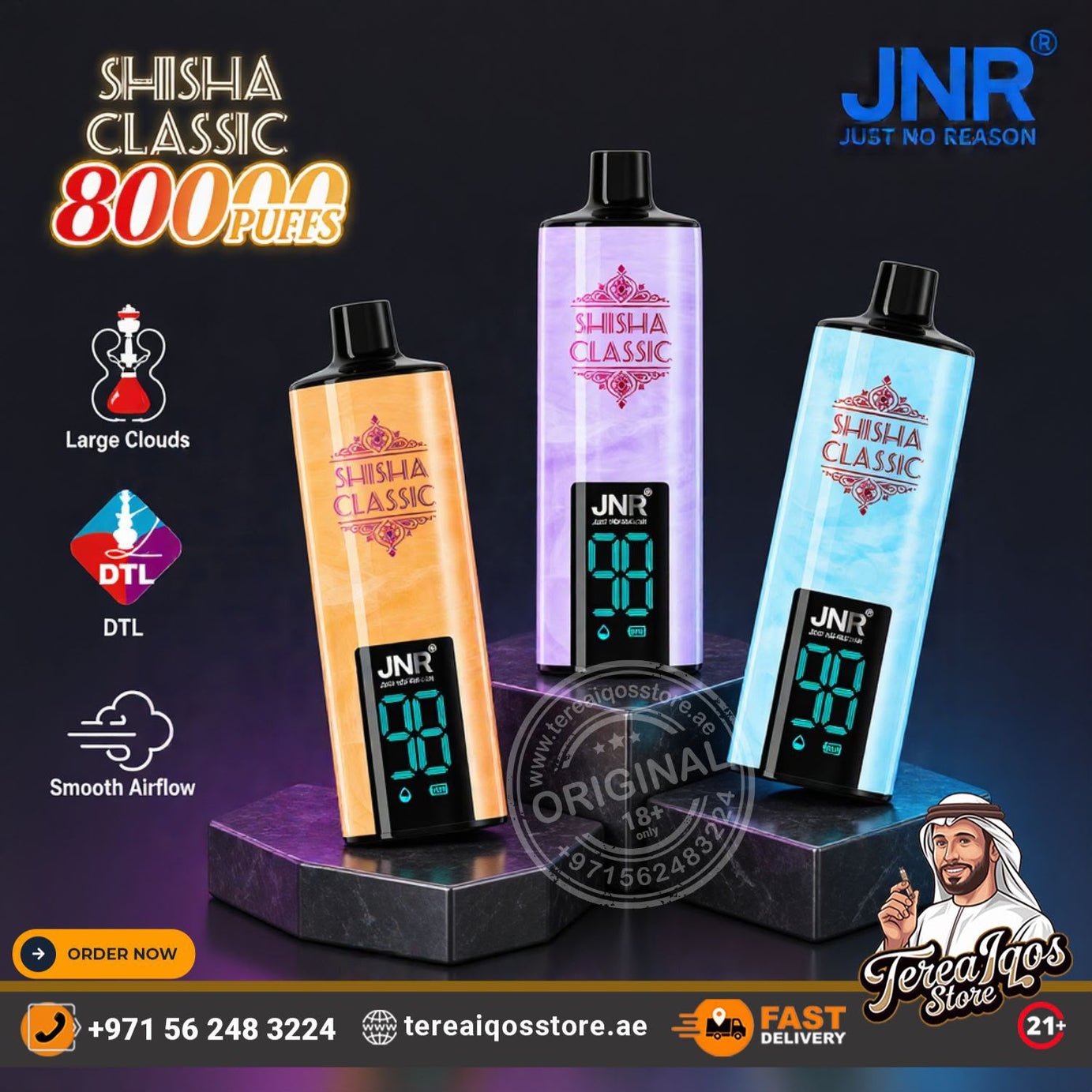 Three JNR Shisha Classic disposable vape devices in orange, purple, and blue marble designs, displayed on black pedestals against a dark background with promotional text and logos.