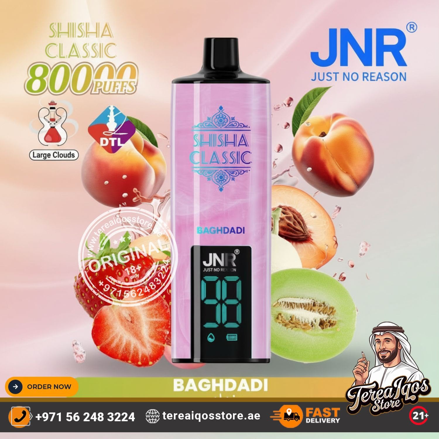 A JNR Shisha Classic Baghdadi disposable vape device in pink and black, surrounded by graphic overlays of peaches, strawberries, and melon slices, with promotional text and store contact details.