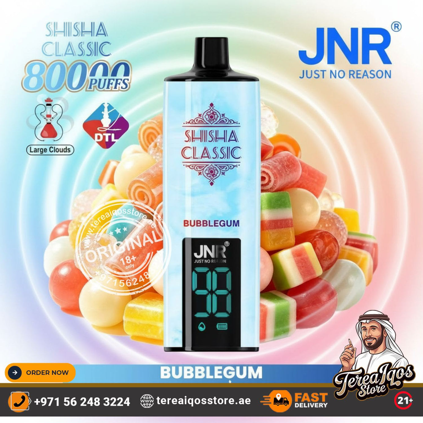JNR Shisha Classic Bubblegum disposable vape device with a light blue and white design, featuring a digital screen on the front. The background is decorated with colorful bubblegum candies and promotional text for JNR and TereIQos Store.