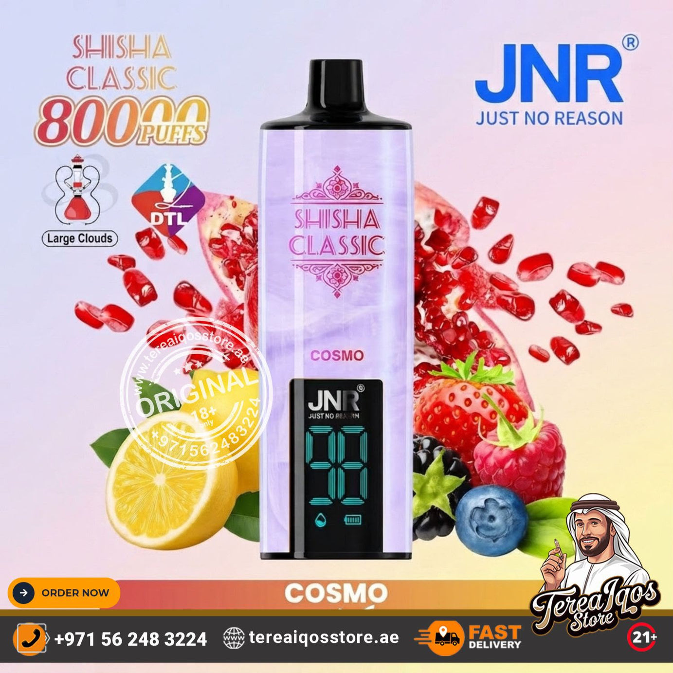 JNR Shisha Classic 800 Puffs disposable vape device in Cosmo flavor, surrounded by fresh fruits like strawberries, pomegranates, lemons, and blueberries on a pastel gradient background with promotional text and logos.