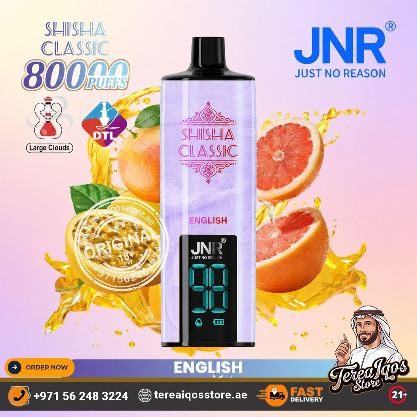 JNR Shisha Classic disposable vape device in a lavender and black packaging design, surrounded by promotional graphics including grapefruit slices, golden liquid splashes, and flavor text, with a JNR logo and store contact details.