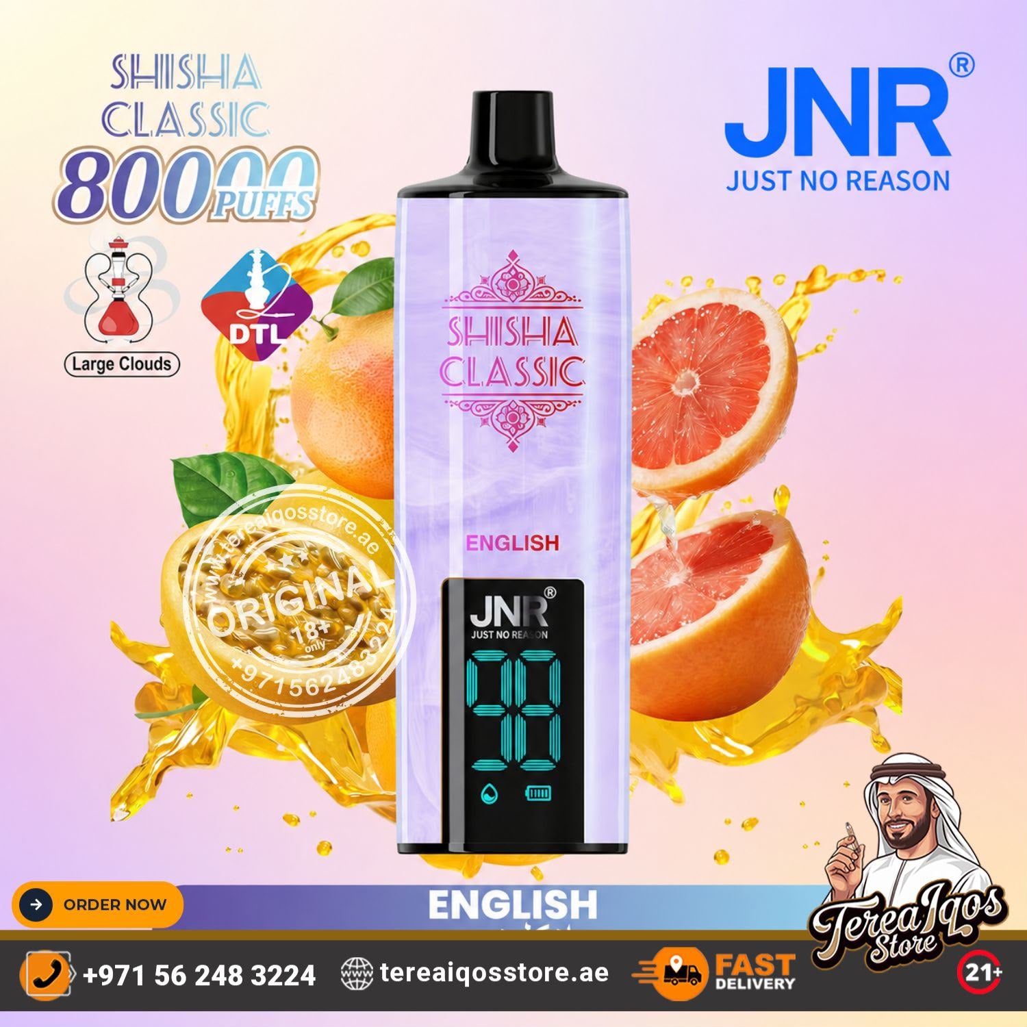 JNR Shisha Classic disposable vape device in a lavender and black packaging design, surrounded by promotional graphics including grapefruit slices, golden liquid splashes, and flavor text, with a JNR logo and store contact details.