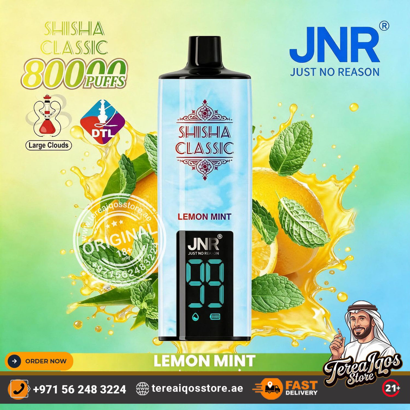 JNR Shisha Classic Lemon Mint disposable vape device centered on a bright green and yellow promotional background with lemon slices, mint leaves, and splash graphics. The product has a light blue body, black top and front panel, and a digital display showing 99 puffs.
