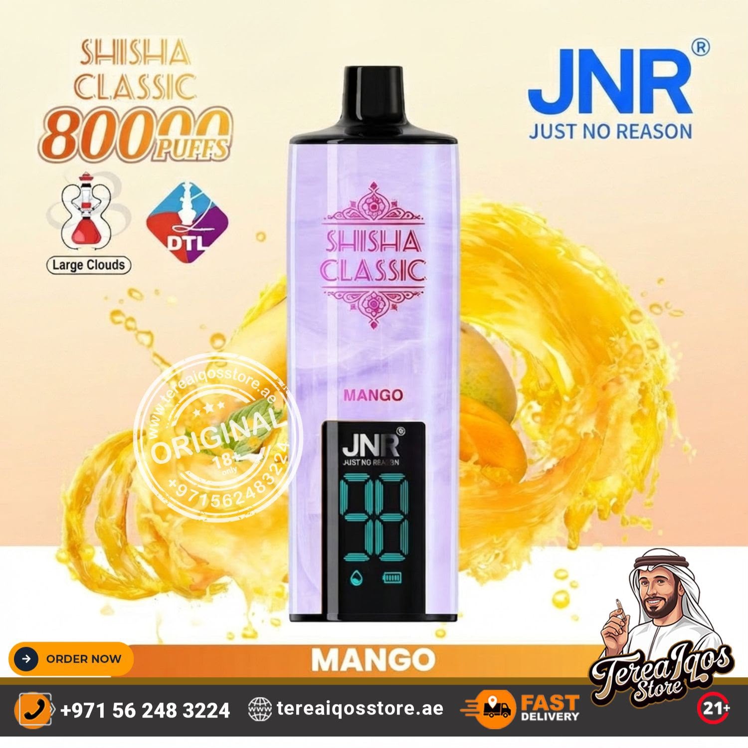 JNR Shisha Classic Mango disposable vape device shown against a stylized mango splash background, with promotional text including '800 Puffs', 'Large Clouds', 'DTL', and 'JNR Just No Reason'.