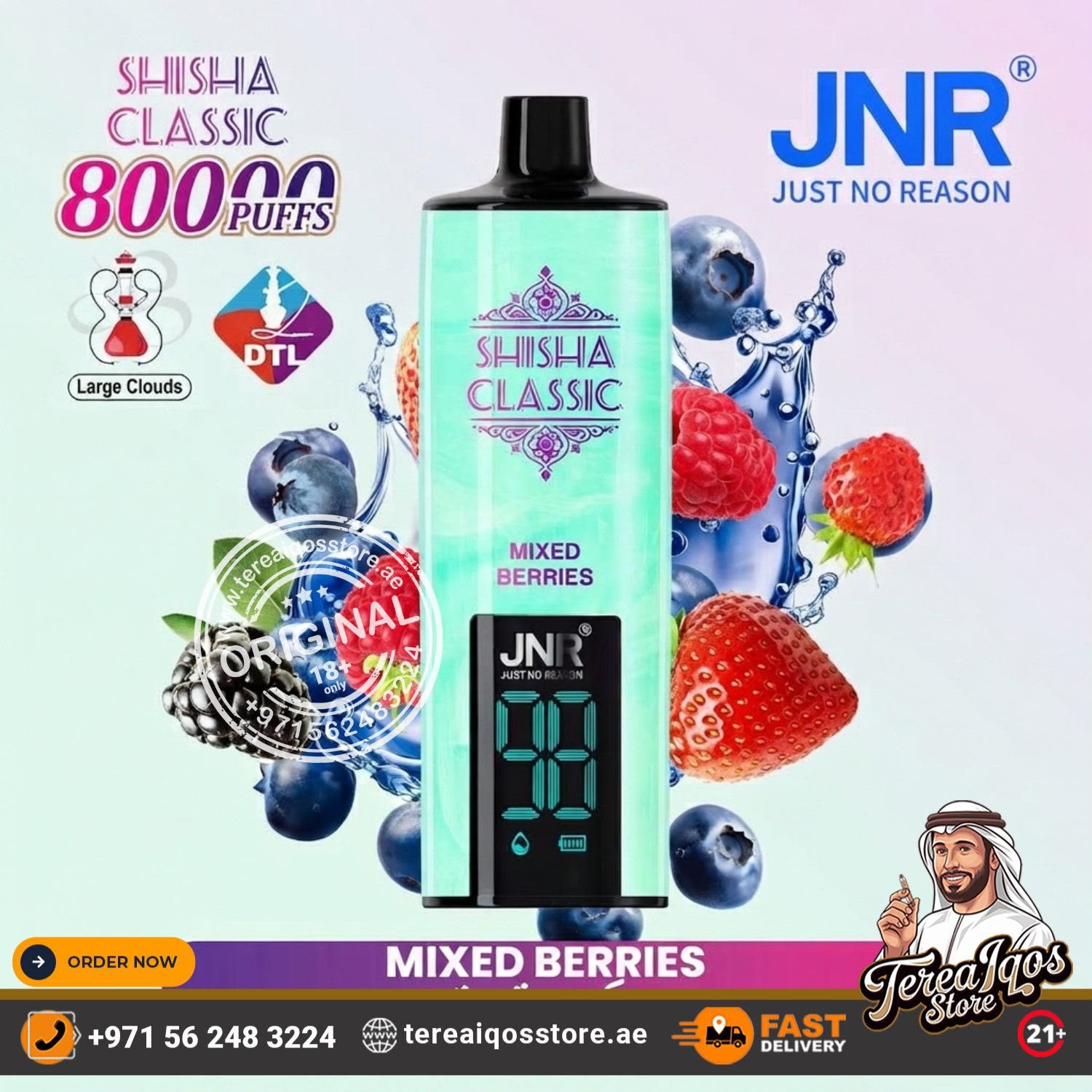 JNR Classic Shisha vape pen in Mixed Berries flavor, featuring a mint green body with a black mouthpiece and digital display screen. The vape is surrounded by fresh berries (strawberries, raspberries, blueberries) and water splash graphics, with promotional text, logos, and store contact details on a light pastel gradient background.