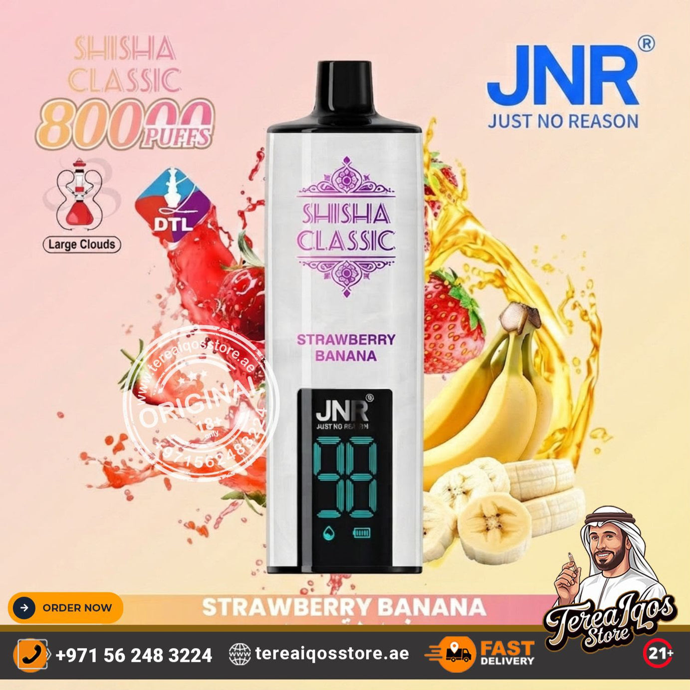 JNR Shisha Classic disposable vape device in Strawberry Banana flavor, shown against a vibrant pink and yellow background with strawberry and banana graphics, large cloud icons, and store contact details.