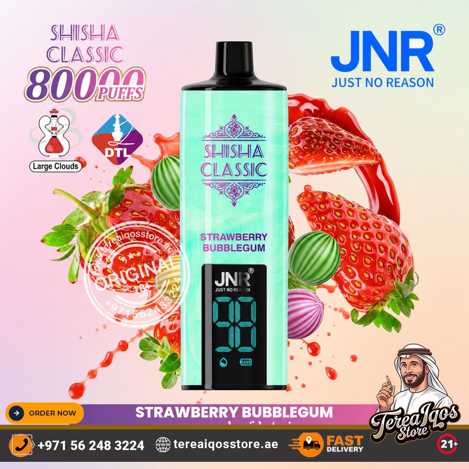 A JNR Shisha Classic Strawberry Bubblegum disposable vape device centered on a colorful promotional graphic with strawberries, water droplets, and brand text. The product has a mint green body with a black mouthpiece and digital display.
