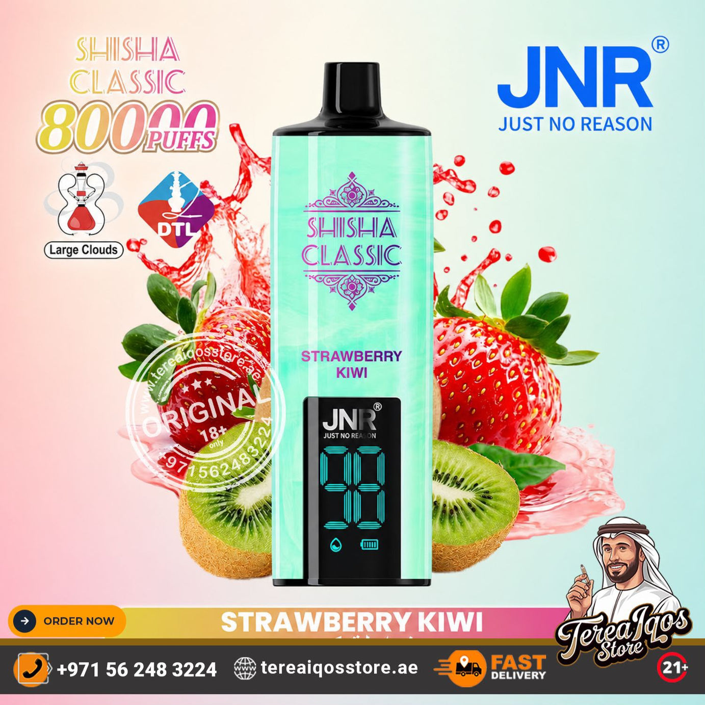 JNR Shisha Classic Strawberry Kiwi disposable vape device shown against a colorful background with strawberries, kiwi slices, and splash graphics. The JNR brand logo is visible at the top right, and product details including flavor and puff count are displayed alongside.