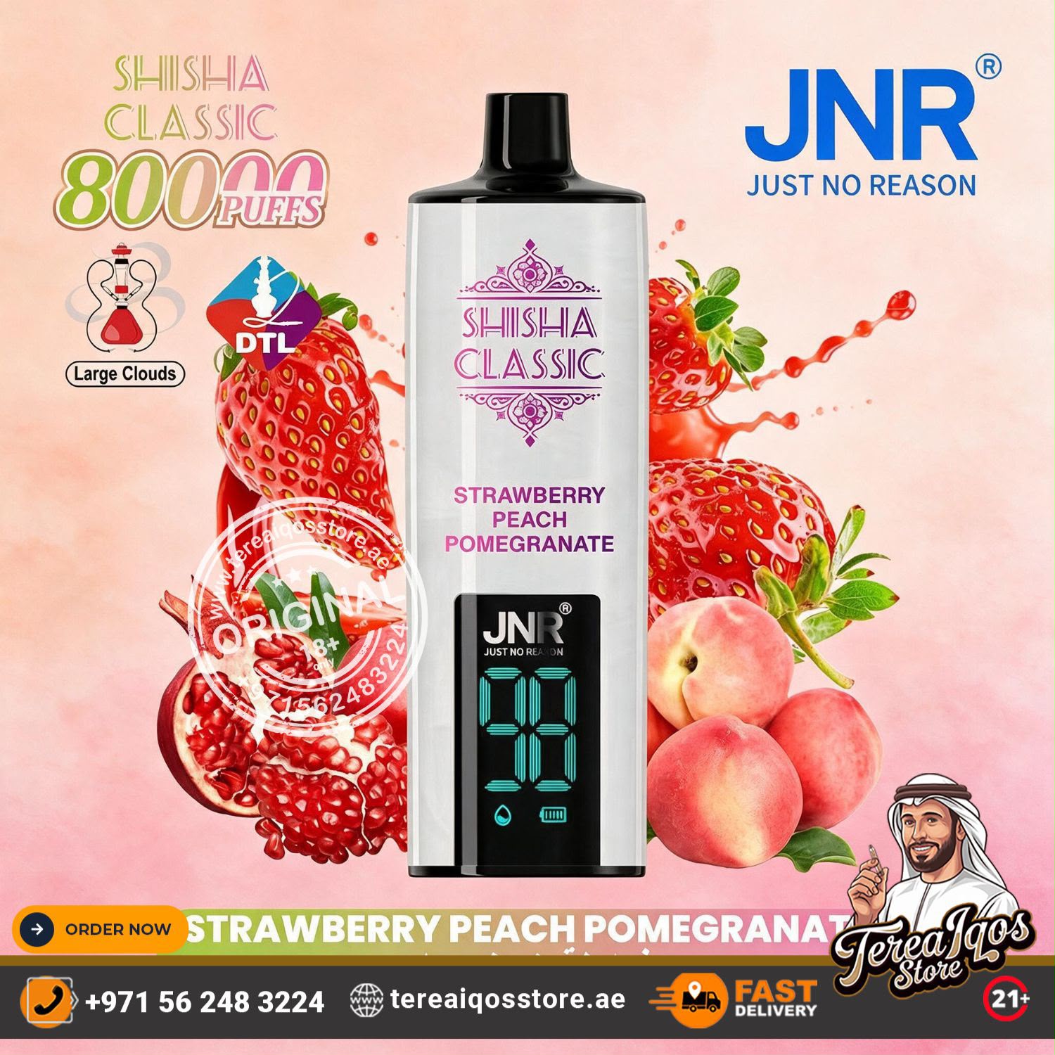 JNR Shisha Classic Strawberry Peach Pomegranate disposable vape device centered on a pink background with illustrated strawberries, peaches, and pomegranate seeds. The image includes promotional text, logos, and a store watermark.