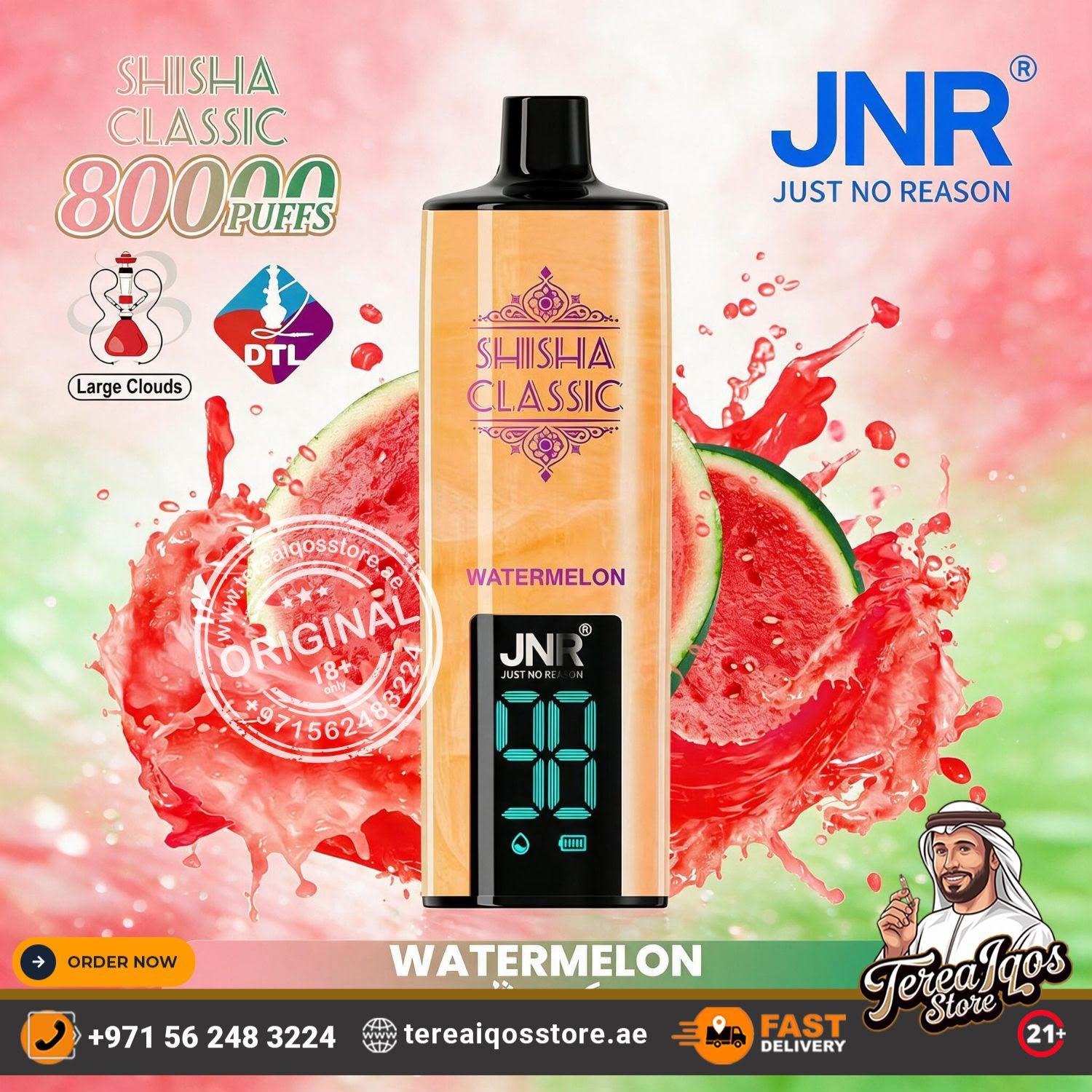 JNR Shisha Classic Watermelon disposable vape device centered on a promotional graphic with watermelon slices, red juice splashes, and branding text including JNR and Tere Tere's Store.
