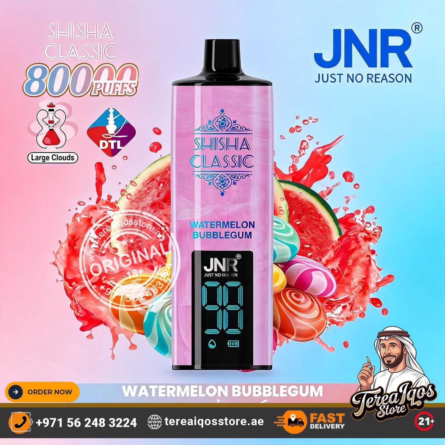 A pink and black bottle of JNR Shisha Classic Watermelon Bubblegum vape oil centered on a colorful promotional graphic with watermelon slices, candy illustrations, and brand text including JNR and DTI.