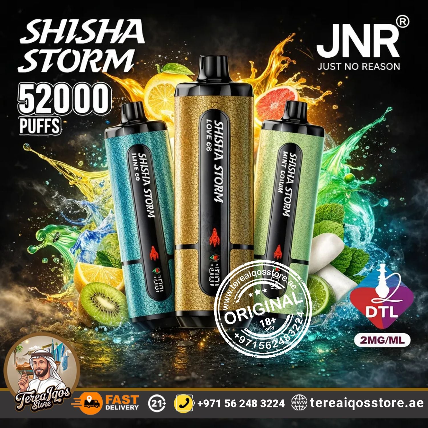 Three Shisha Storm vape devices with colorful splashes and branding elements on a dark background.