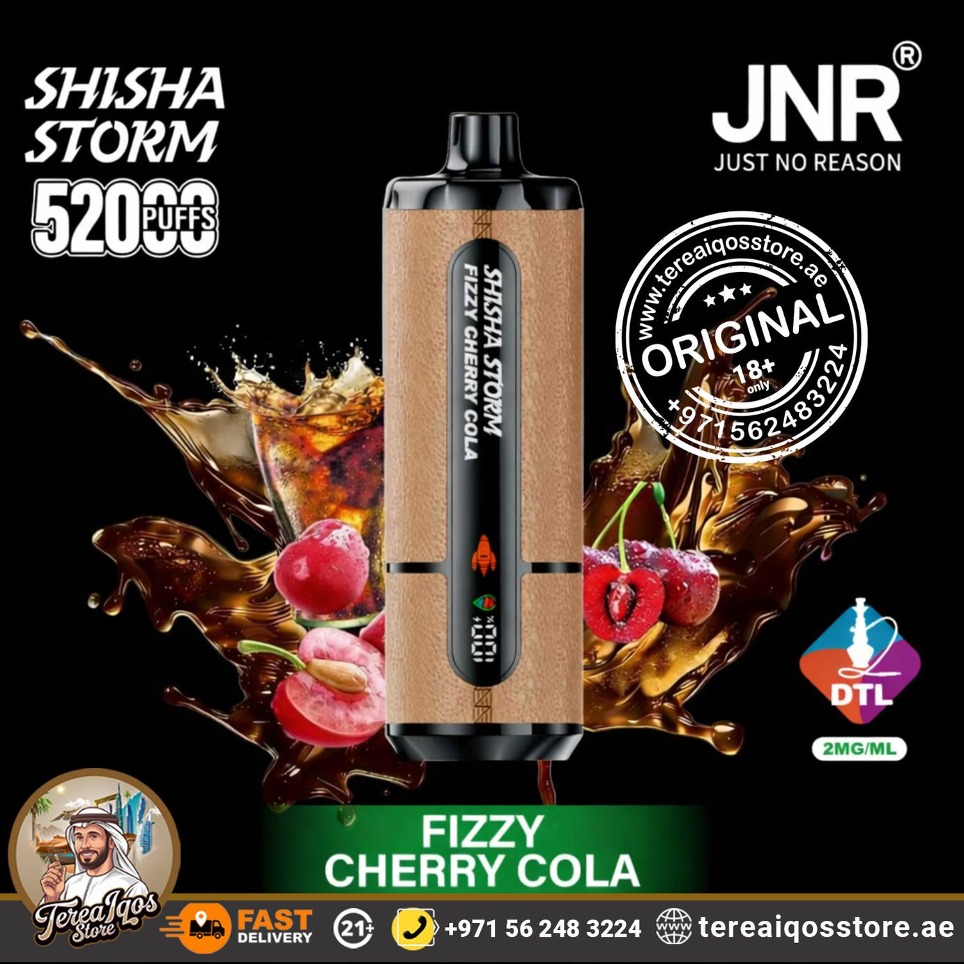 Vape device with fizzy cherry cola flavor on a black background, featuring JNR branding.