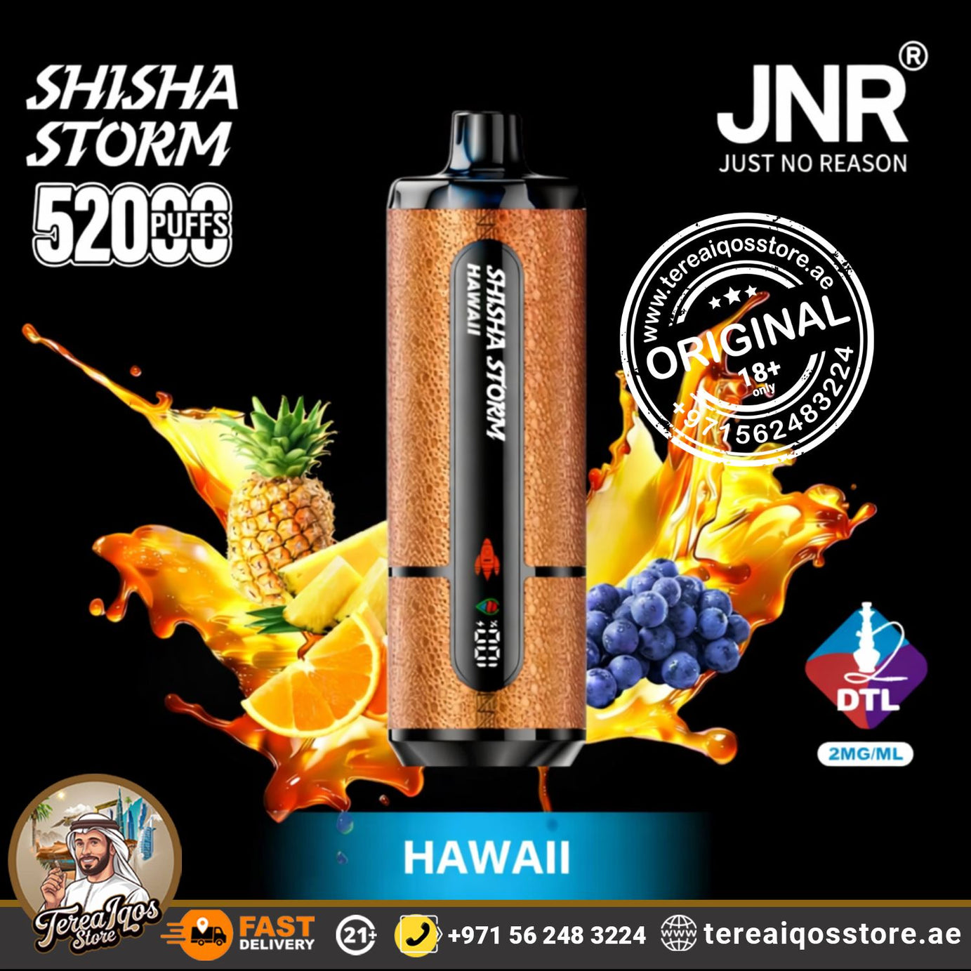 Shisha Storm vape device with pineapple and blueberry graphics on a black background, featuring JNR branding.