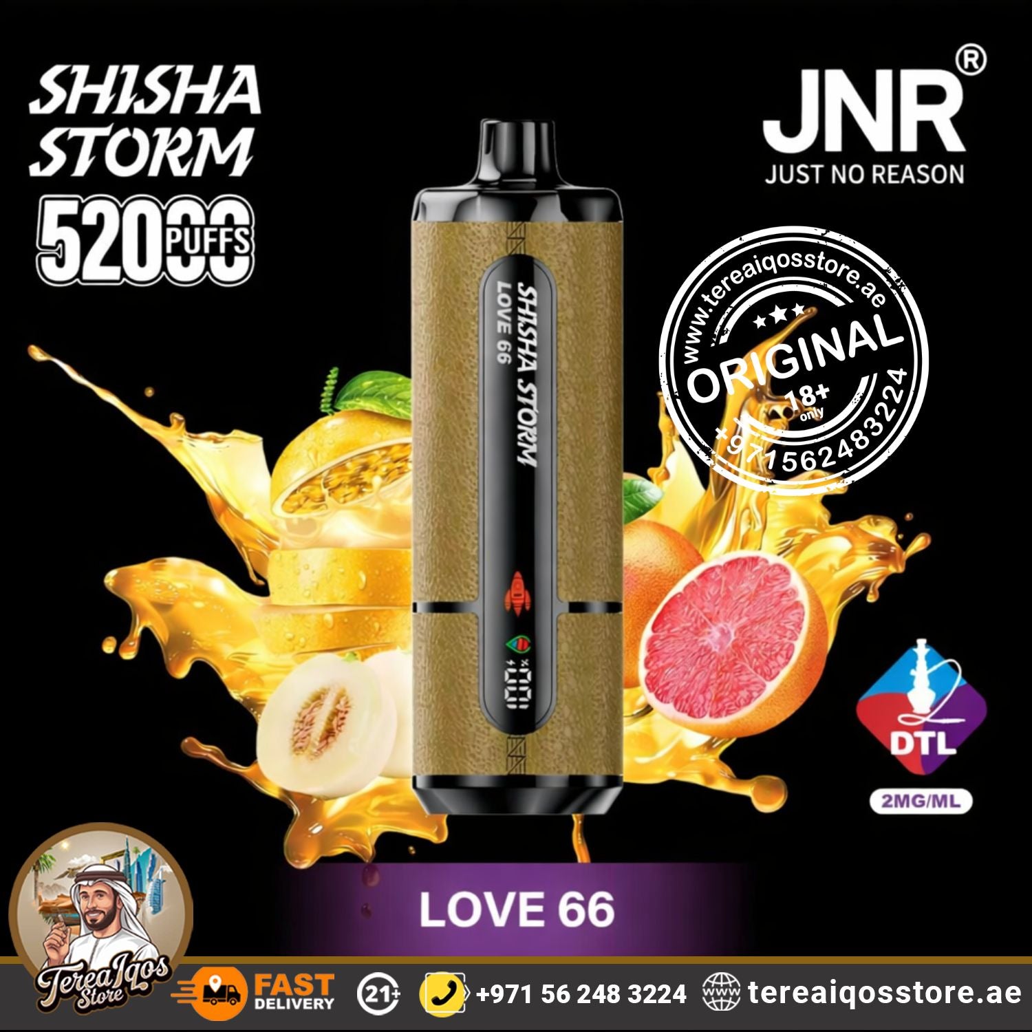 Shisha Storm vape device with fruit graphics and branding on a black background